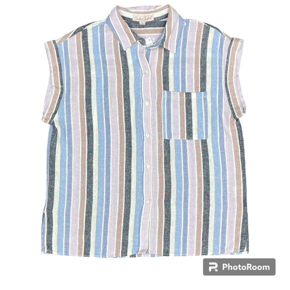NWT! Women's COASTAL COMFORT Linen-blend Pastel Stripe Button Down Shirt- SIZE S - Picture 3 of 12